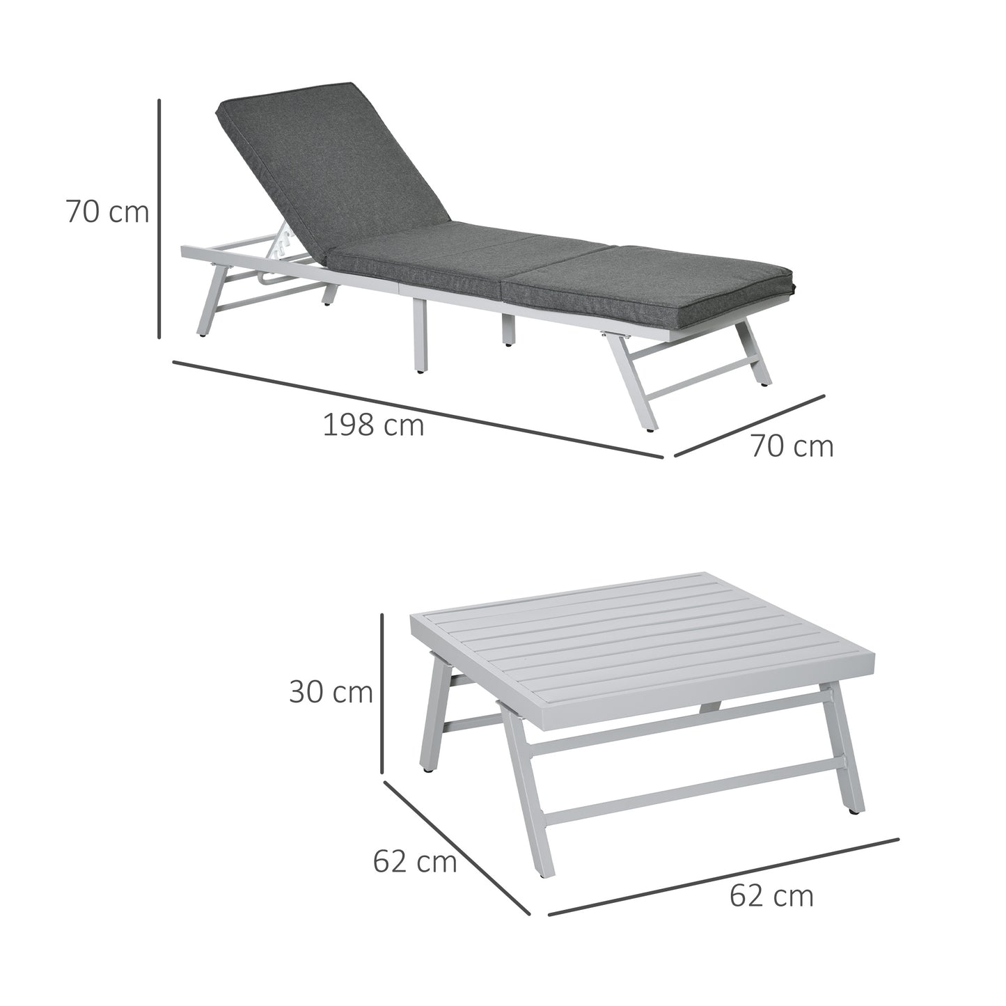 Zestaw mebli ogrodowych Outsunny, 3 elementy, 6-osobowa sofa narożna z regulowanym oparciem, leżanka Chase z metalowym blatem i wyściełaną poduszką, kolor szary