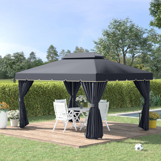 Outsunny 3 x 4m Aluminium Garden Gazebo, Marquee Canopy Shelter Pavilion Party Tent with Nets and Curtains for Garden and Deck, Black