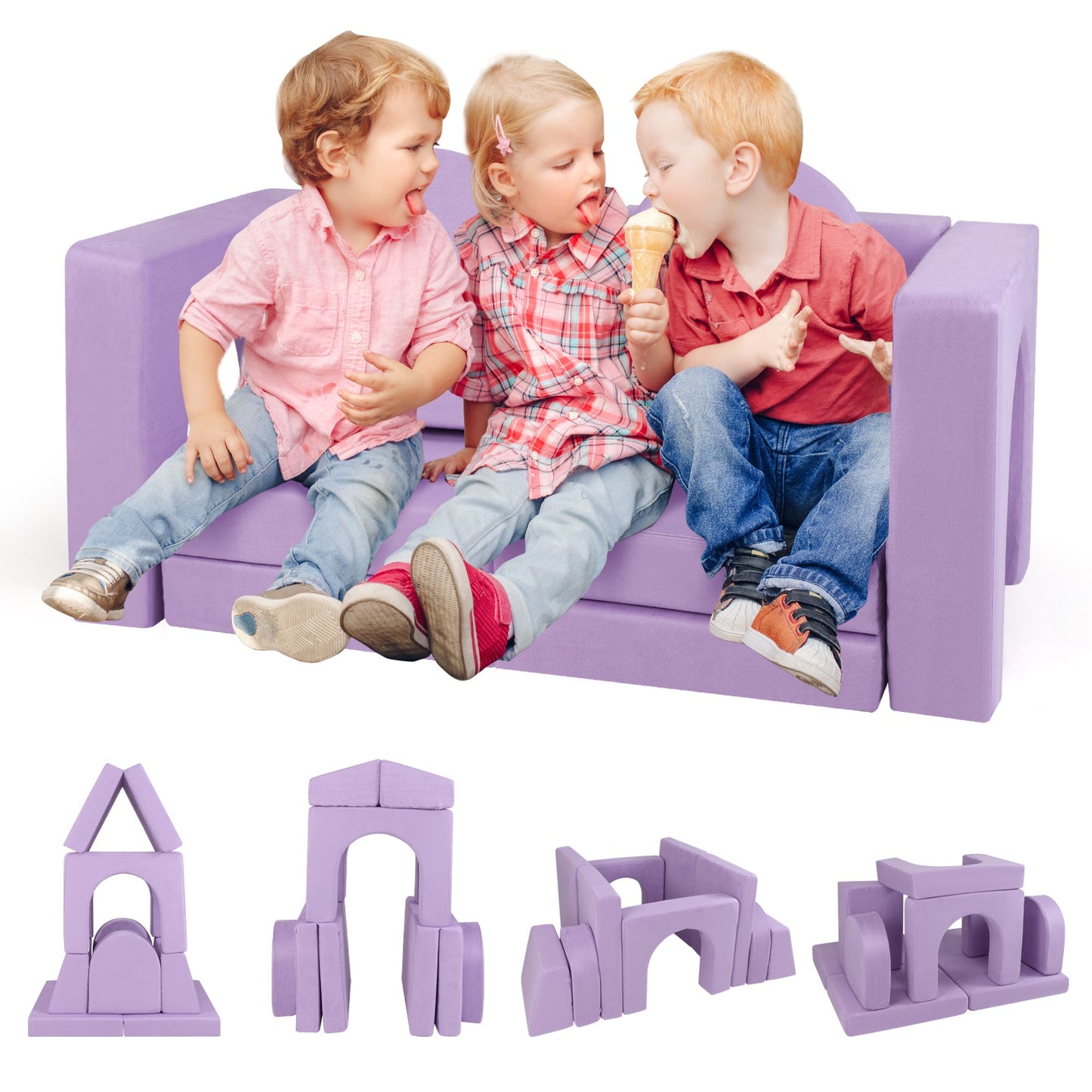 8-Piece Modular Kids Play Couch with Machine-washable Covers-Purple