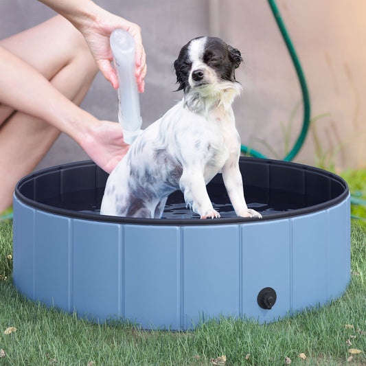 PawHut Dog Paddling Pool, Foldable Dog Pool, Leakproof & Hard Plastic, Portable Pet Bathtub with Non-Slip Base & Drainage Hole, for Indoors, Outdoors, Garden, Patio, 100 x 30 cm, Blue