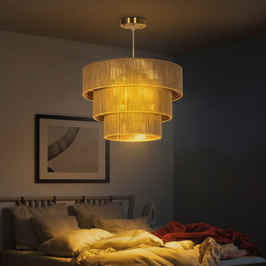HOMCOM Hemp Rope Ceiling Light, 3-Layer Boho Pendant Light, 4 x E14 Vintage Ceiling Lamp Fixtures for Living Room, Bedroom, Kitchen, Hallway, Light Brown