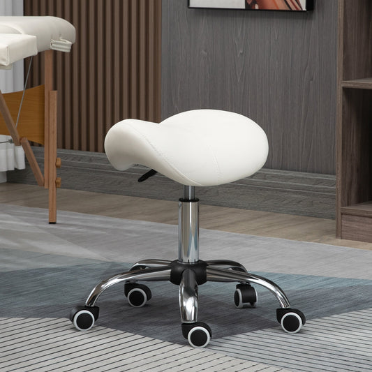 HOMCOM Cosmetic Stool 360 Rotate Height Adjustable Salon Massage Spa Chair Hydraulic Rolling Faux Leather Saddle Stool, Cream