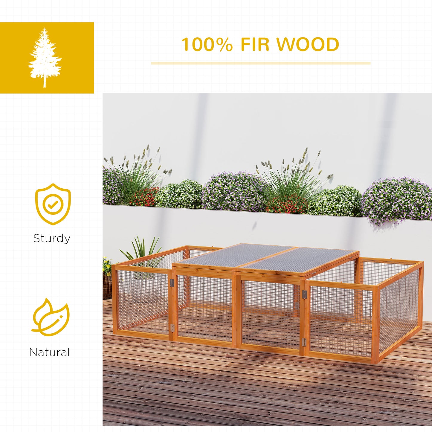 PawHut Wooden Rabbit Hutch Cage 6ft with Wire Mesh, Openable Roof, Play Space for Outdoor, Natural Wood Finish