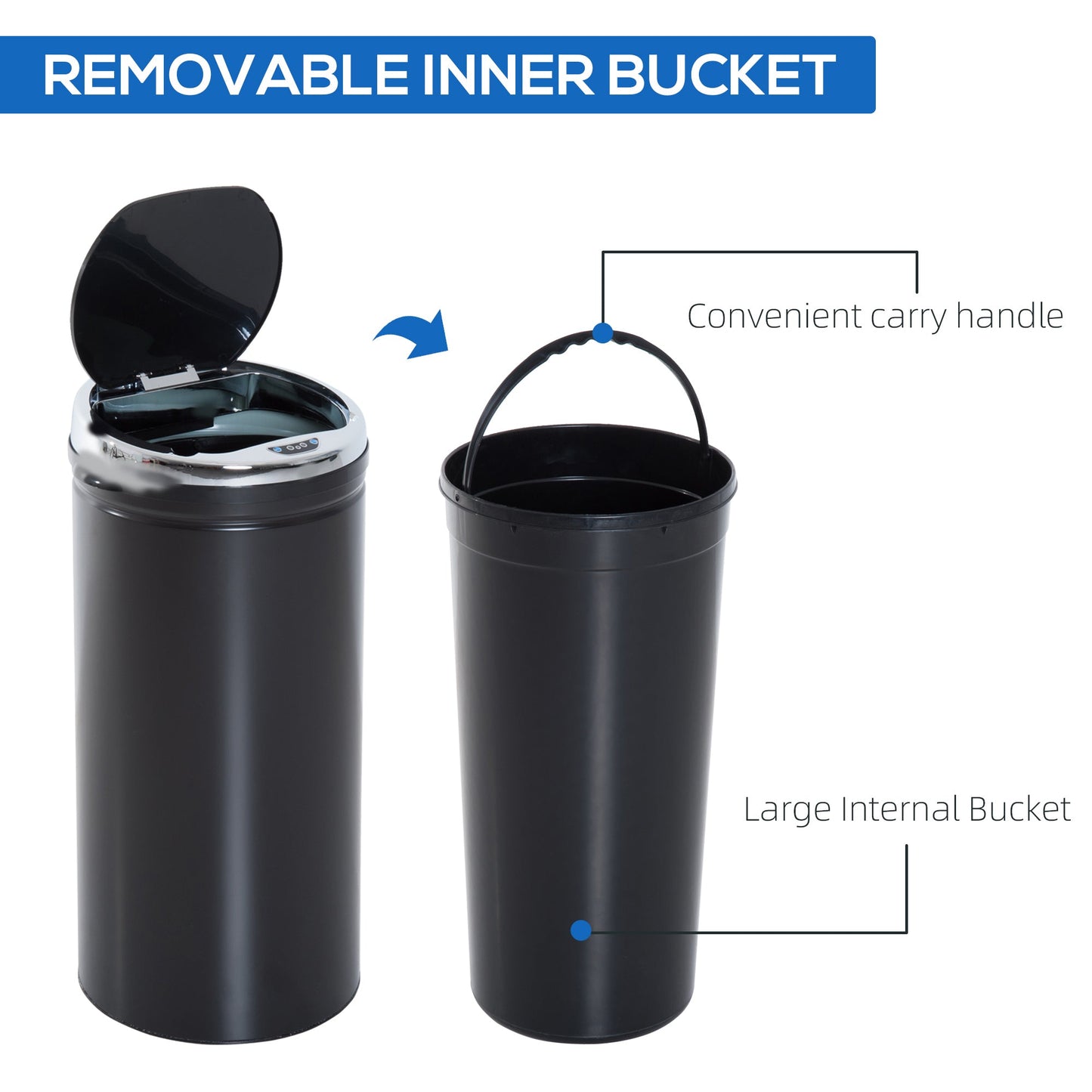 HOMCOM 42L Sensor Bin for Kitchen Waste Automatic Dustbin Motion Detection Dustbin Stainless Steel Rubbish Can with Bucket, Black
