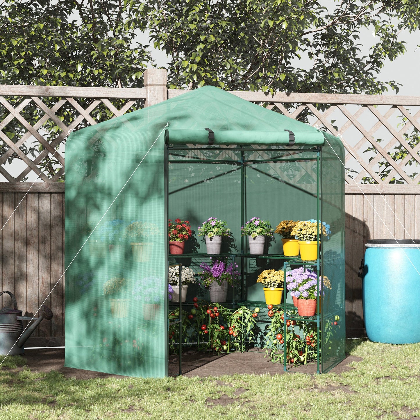 Outsunny Hexagon Walk In Greenhouse with Shelves, Outdoor Green House Grow House with Waterproof PE Cover and Roll-up Door, 228 x 196 x 215 cm, Green