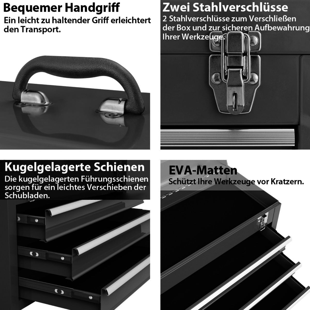 Portable Metal Tool Box with 3 Drawers and Storage Tray, Tool Case 52cm Black