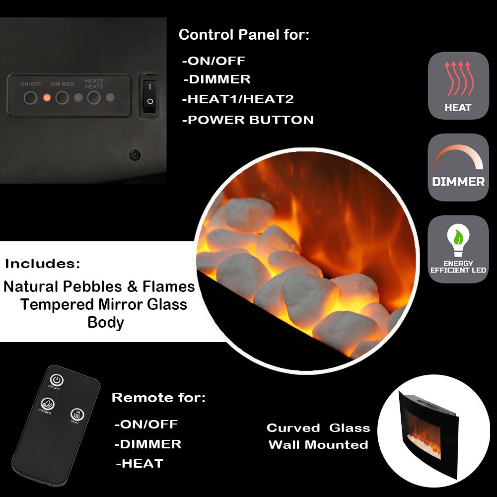 35 Inch Curved Screen Electric Fireplace Realistic 1800W Fire Effect Heater
