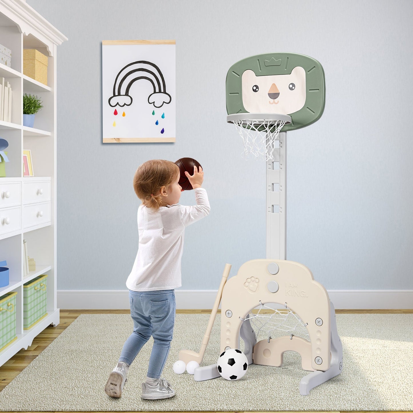 3-In-1 Children's Playground with Height-Adjustable Basketball Stand Green