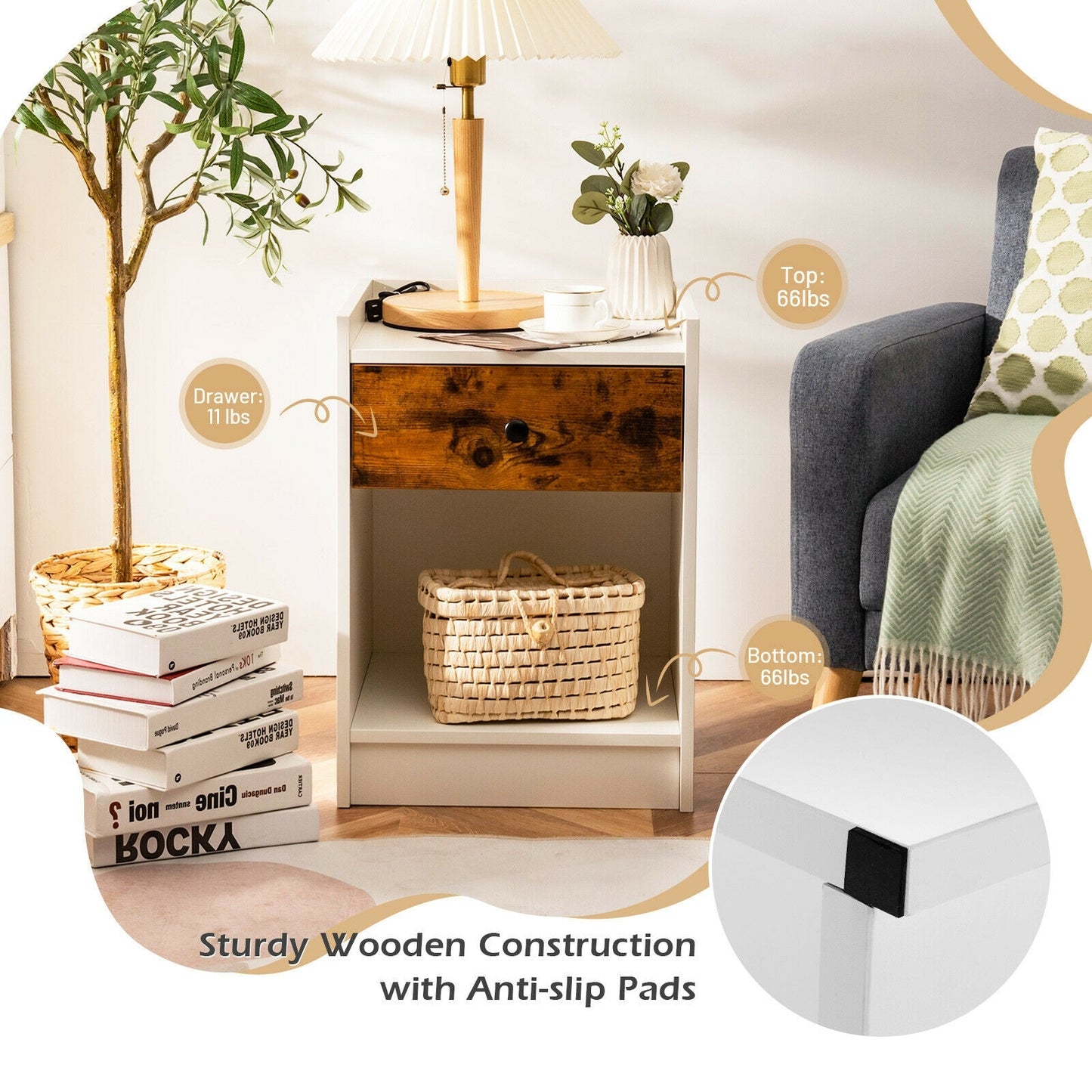 Set of 2 Nightstand with 1 Drawer and Storage Compartment