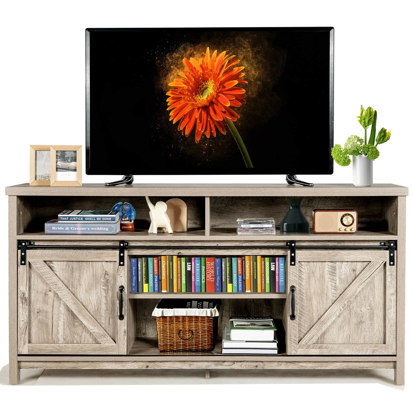 59 Inch Sliding Barn Door TV Stand with Adjustable Shelves for TVs up to 65 Inch-Light Brown