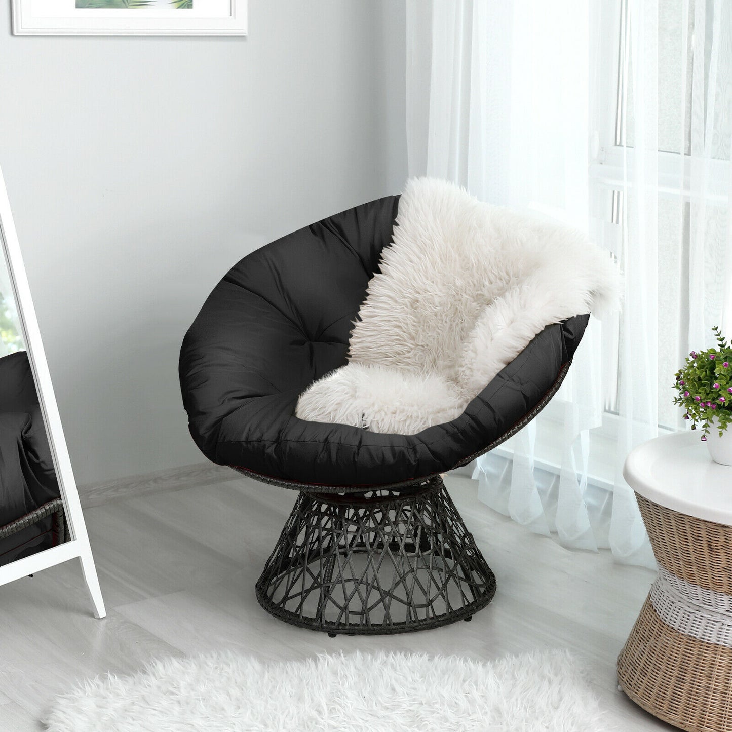 Rattan Papasan Chair with 360° Swivel and Soft Cushion-Black