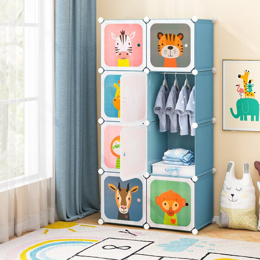 8-Cube Portable Kids Wardrobe with Hanging Section-Blue