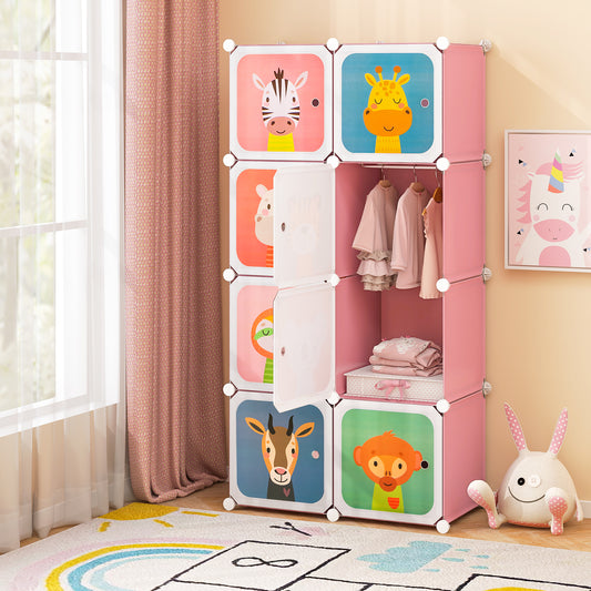 8-Cube Portable Kids Wardrobe with Hanging Section-Pink