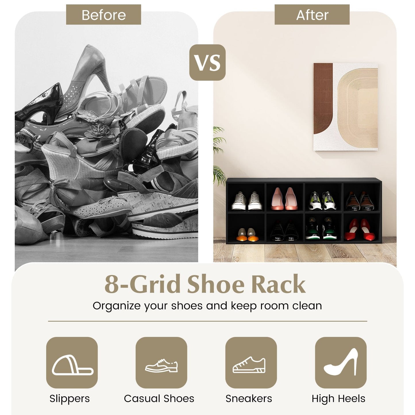 8 Grid Shoe Bench 2 in 1 Shoe Organizer with 8 Storage Cubbies-Black