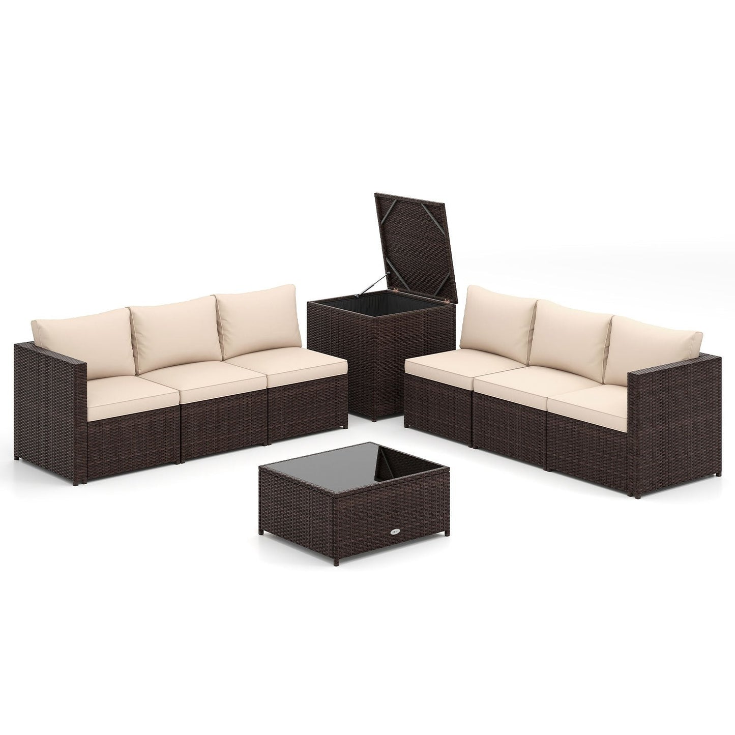 8 PCS Wicker Patio Furniture Set with Cushions and Storage Box-Brown