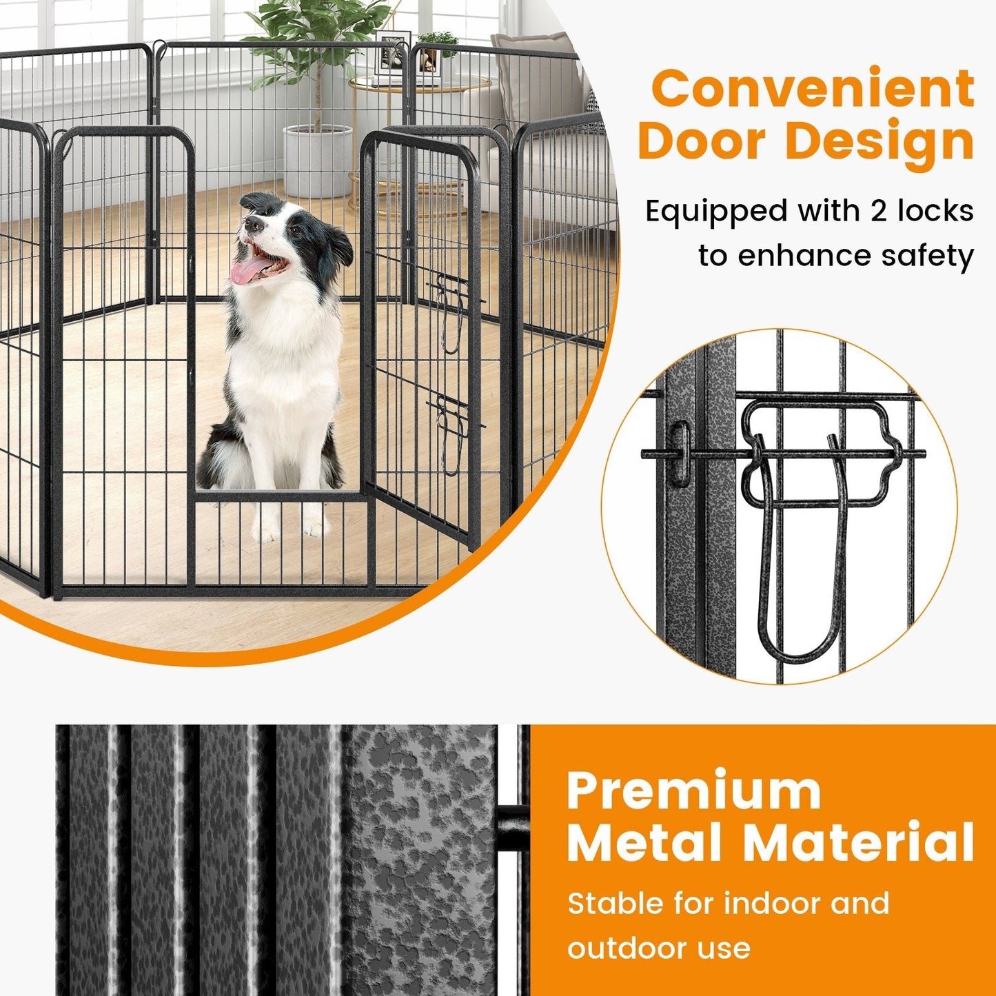 8 Panel 60cm/80cm Height Pen Fence with Lock and Large Door-Black-80 cm