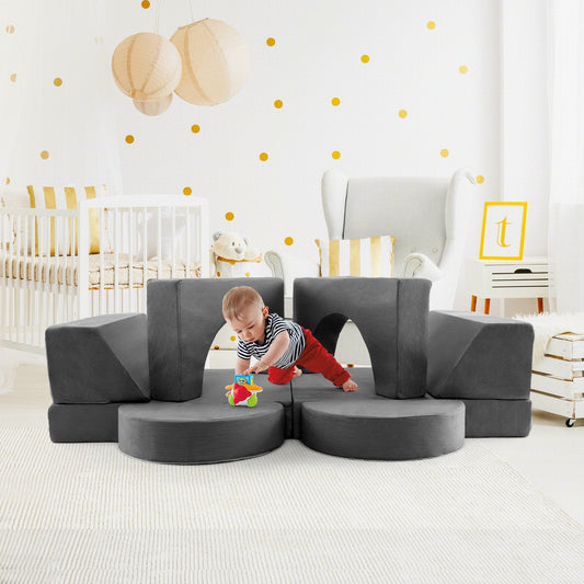 8-Piece Kids Modular Play Sofa with Machine-washable Fabric-Grey