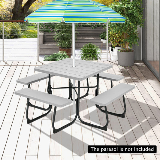 8-person Square Picnic Table Bench Set with 4 Benches and Umbrella Hole-Grey