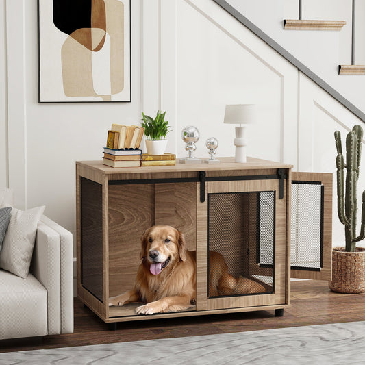 PawHut Dog Crate Furniture with Sliding Door for Large Dogs, Walnut Brown