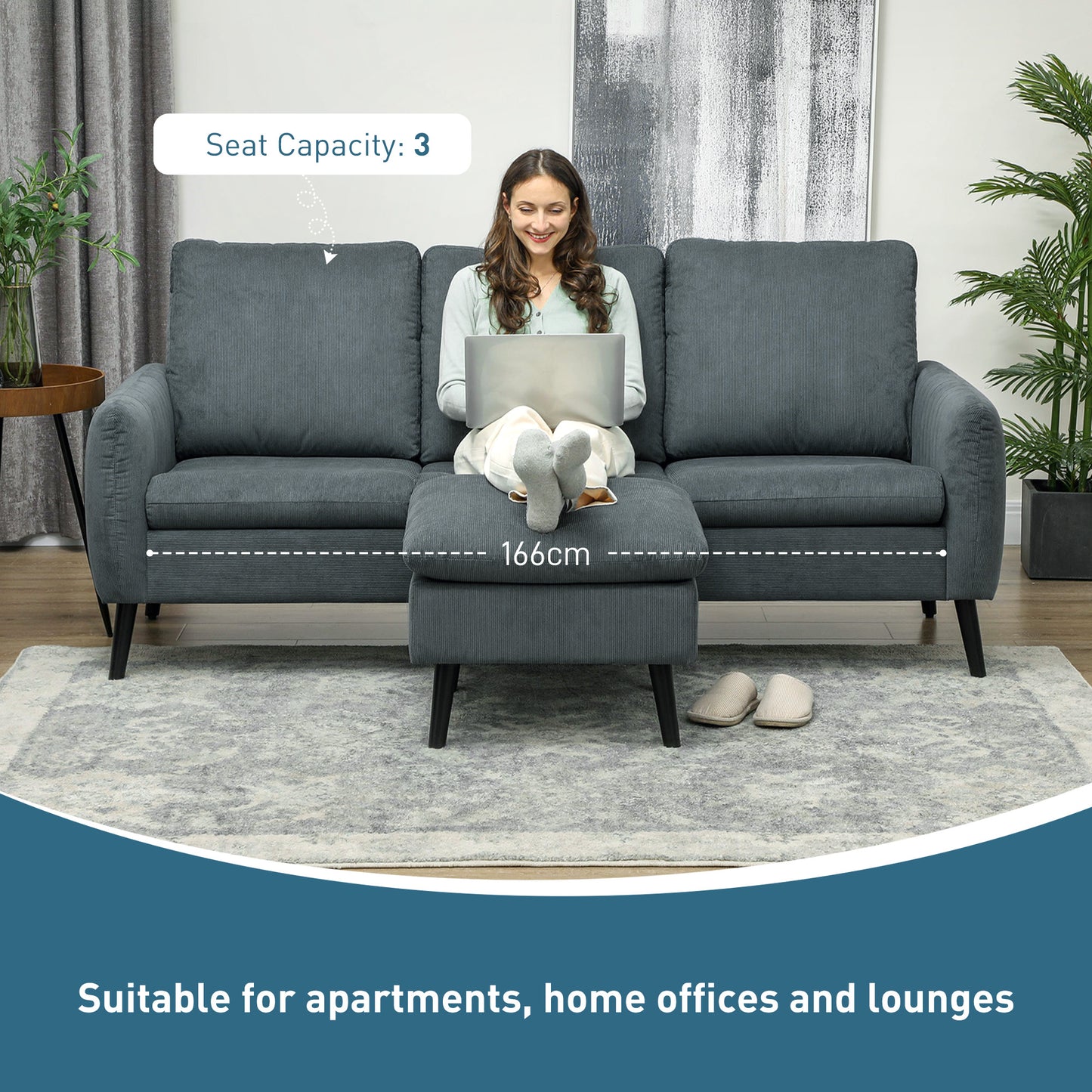 HOMCOM Fabric Sofa with Ottoman, Corduroy L-shaped Sofa Couch with Scatter Back, Reversible 3-Seater Chaise Lounge for Living Room, Home Office, Small Spaces, Charcoal Grey