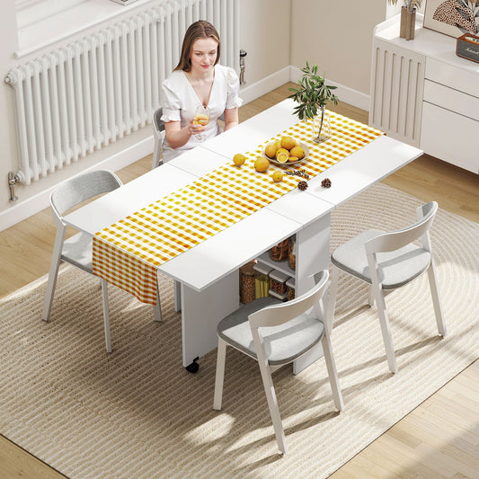 HOMCOM Folding Dining Table, Drop Leaf Table with 2-Tier Shelves, Rolling Casters, for Small Spaces, Kitchen, White