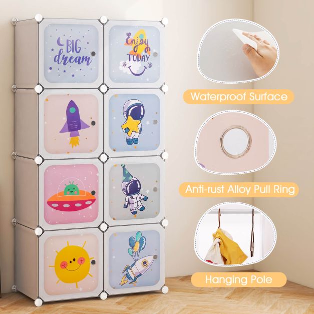 8-cube Baby Closet Organizer with Doors and Hanging Section-White