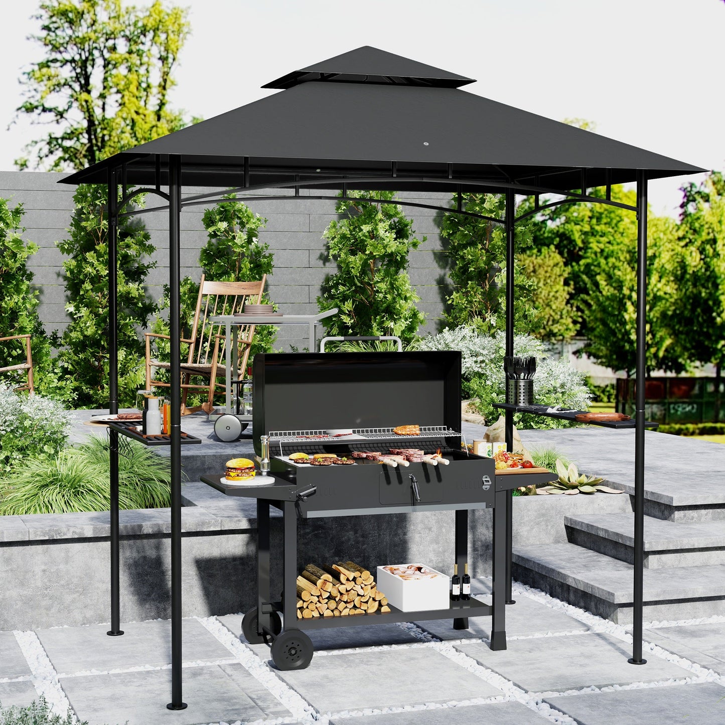 Altana grillowa Outsunny 8' x 5', dwupoziomowa altana grillowa z baldachimem i oświetleniem LED, 2 półki boczne, haczyki, ciemnoszary