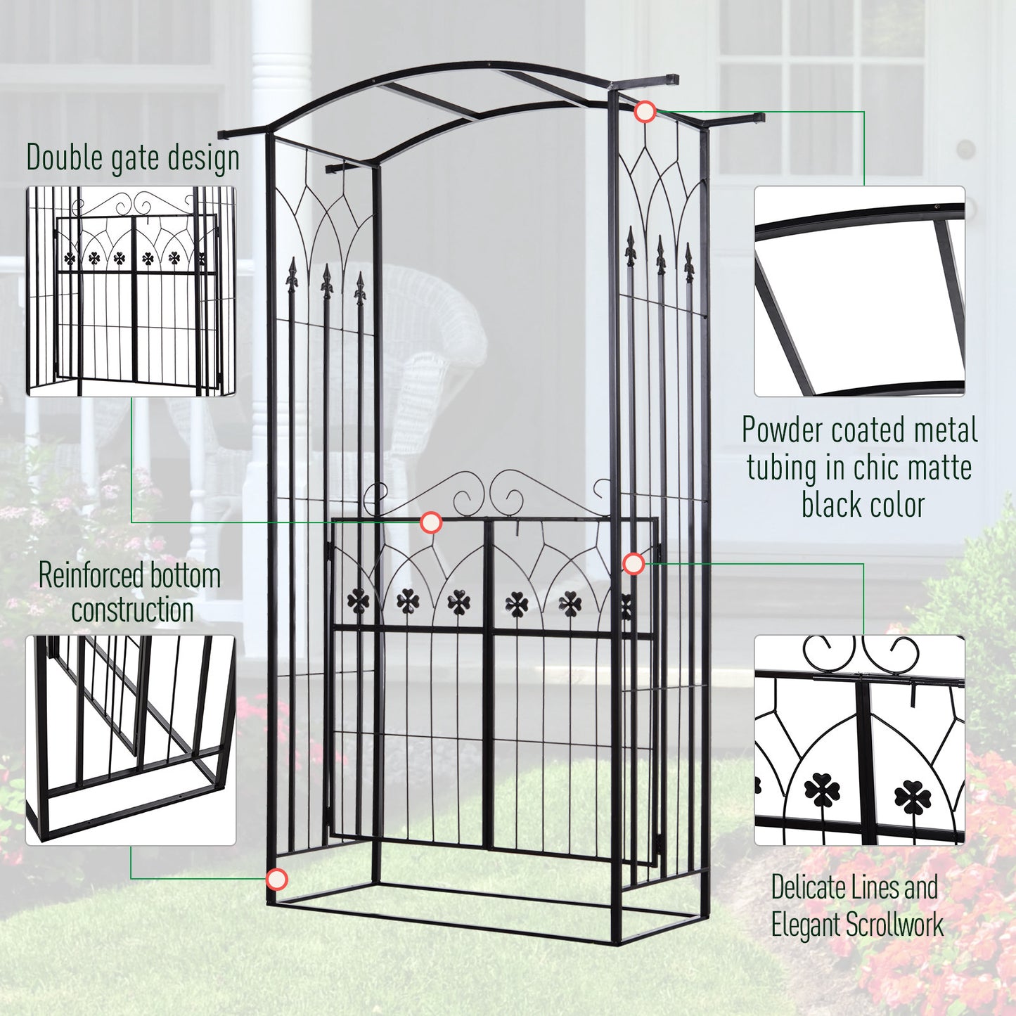 Outsunny Garden Zewnętrzny łuk wejściowy z drzwiami Zewnętrzna dekoracja patio dla róż, kratki, pnącza, 131L x 49W x 200Hcm