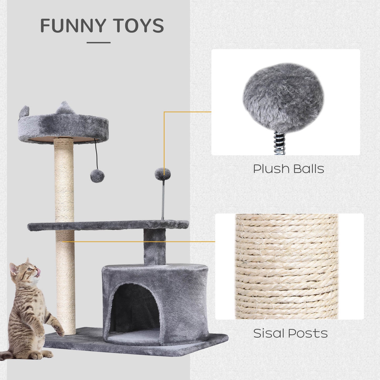PawHut Cat Tree for Indoor Cats with Scratching Post Climbing Tower Kitty Activity Centre Condo Perch Jumping Platforms Grey 60L x 40W x 81H cm