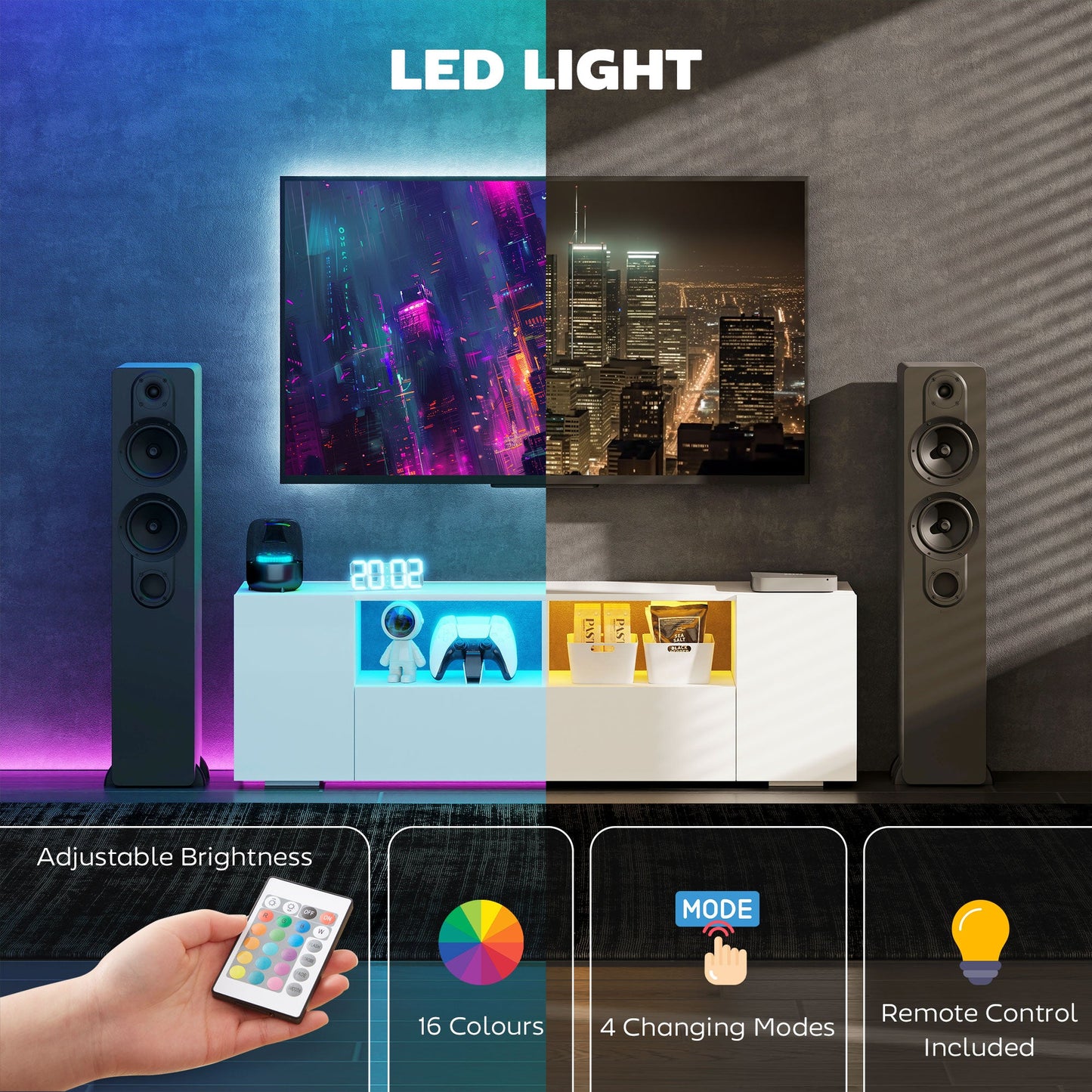 Stojak pod telewizor HOMCOM 16 LED Light z miejscem do przechowywania - biały o wysokim połysku