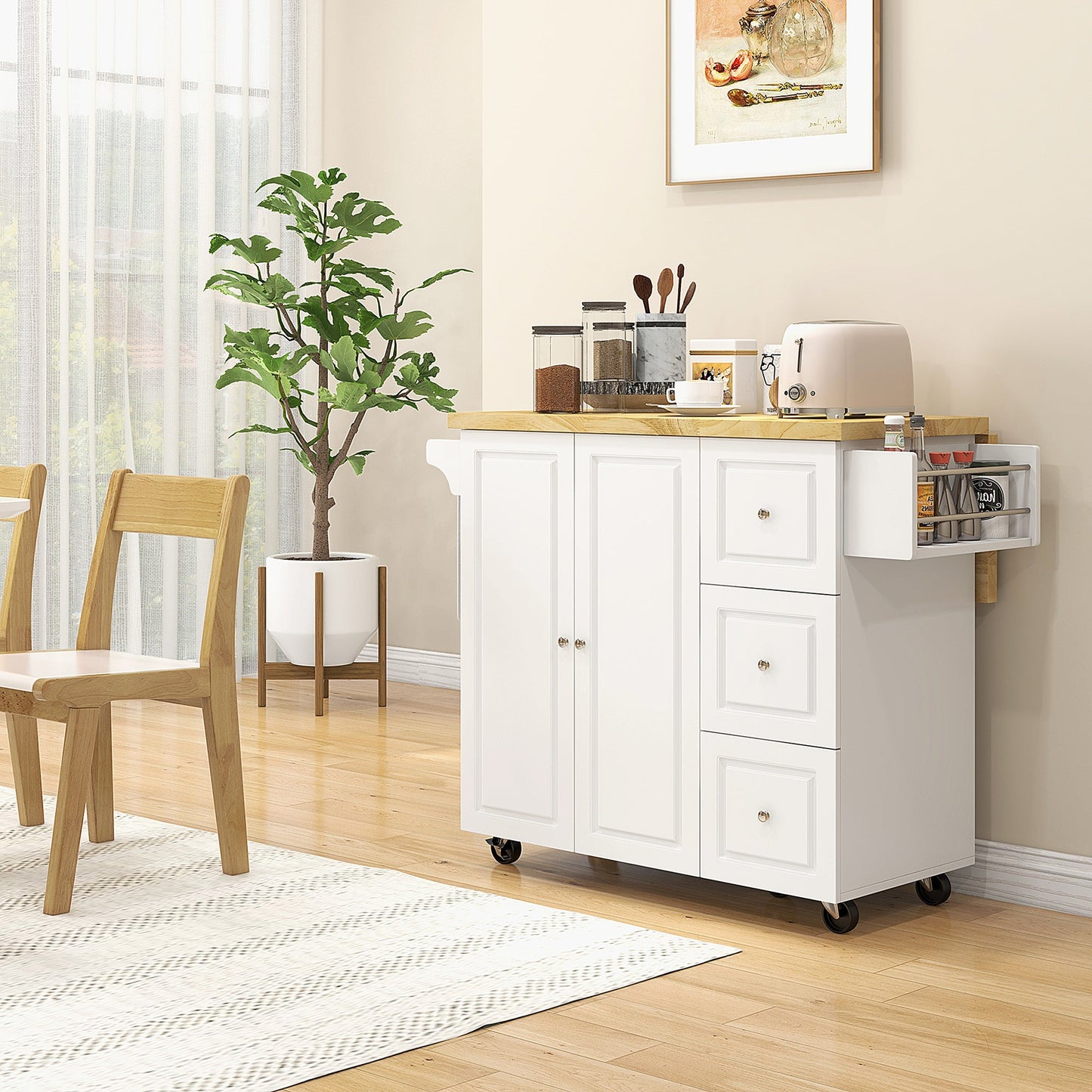 HOMCOM Drop-Leaf Kitchen Island on Wheels Utility Storage Cart with Drawers & Cabinet for Kitchen, Dining & Living Room