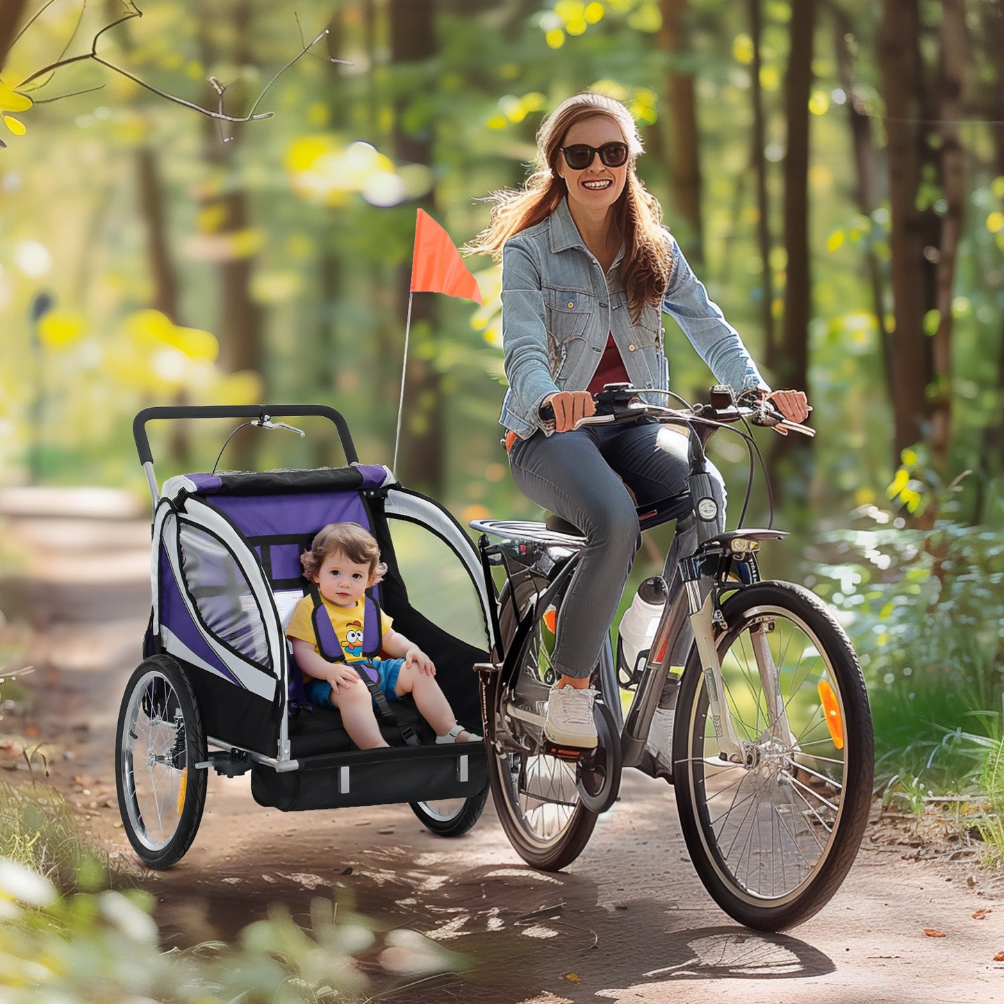 Przyczepka rowerowa dla dzieci HOMCOM z 5-punktowymi pasami, stalową ramą, odblaskami, chorągiewką bezpieczeństwa, zaczepem, fioletowa