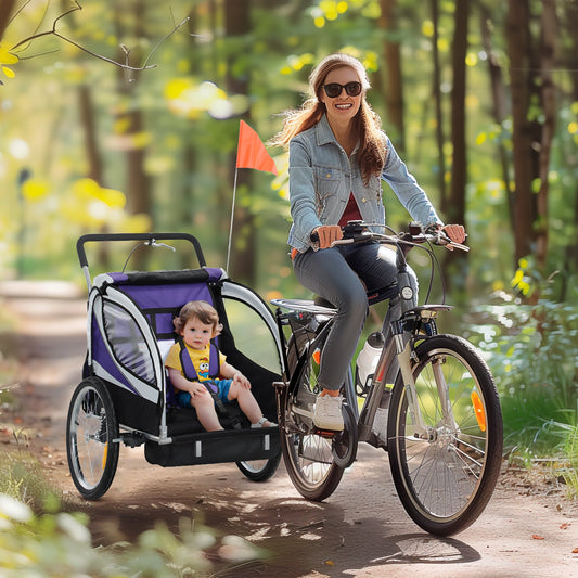 HOMCOM Baby Bike Trailer with 5 Point Harness, Steel Frame, Reflectors, Safety Flag, Hitch Coupler, Purple