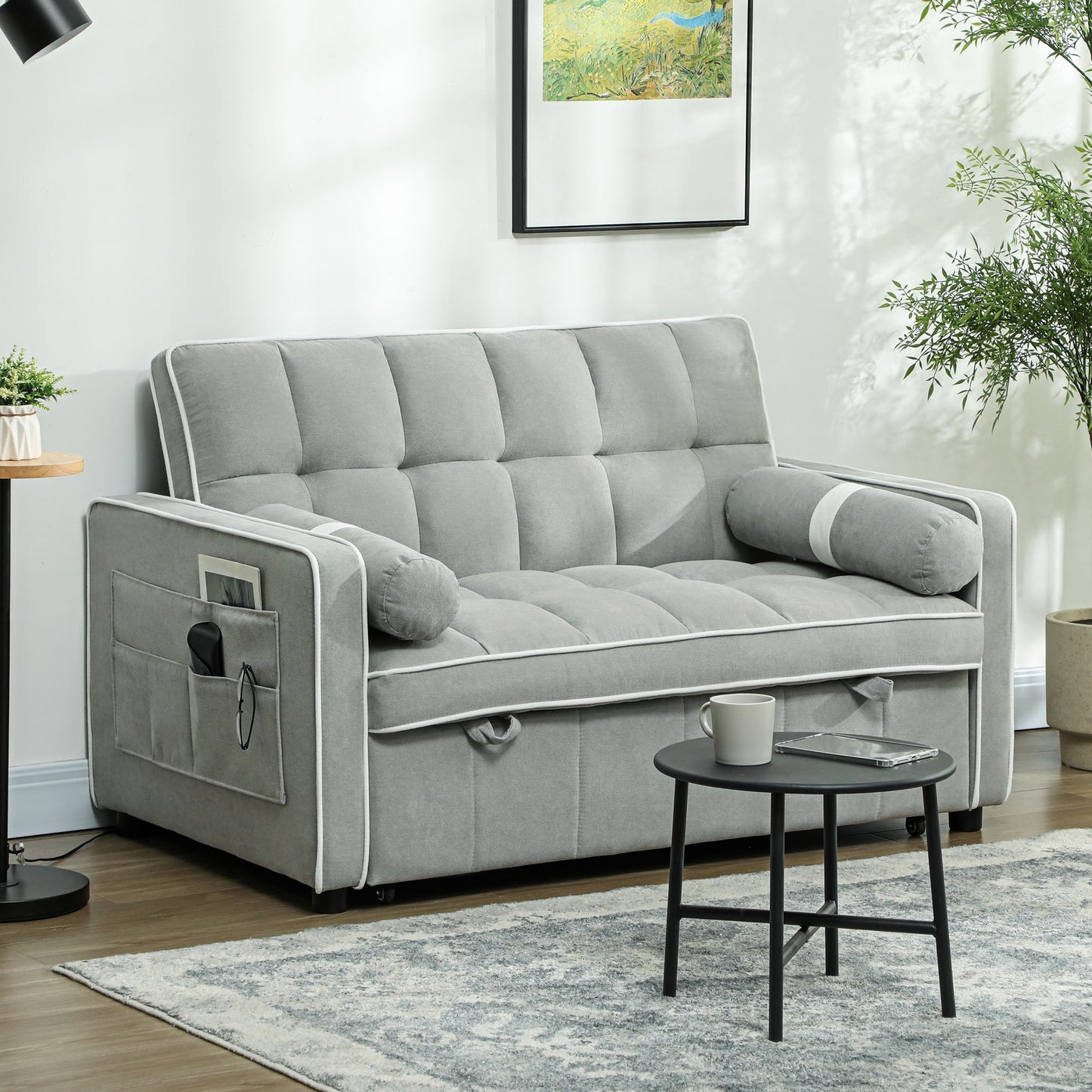 HOMCOM Dwuosobowa sofa rozkładana z imitacją lnu - jasnoszara