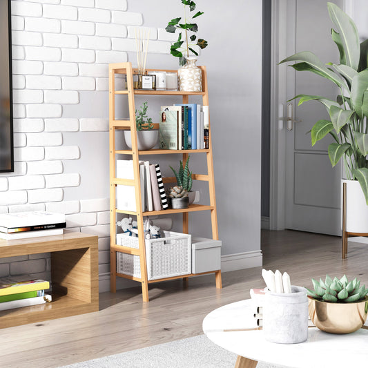 HOMCOM Bamboo Ladder Shelf, 4-Tier Bookshelf, Freestanding Bookcase for Living Room, Study, Bedroom, Home Office, 48 x 31.5 x 120cm, Natural Wood Effect