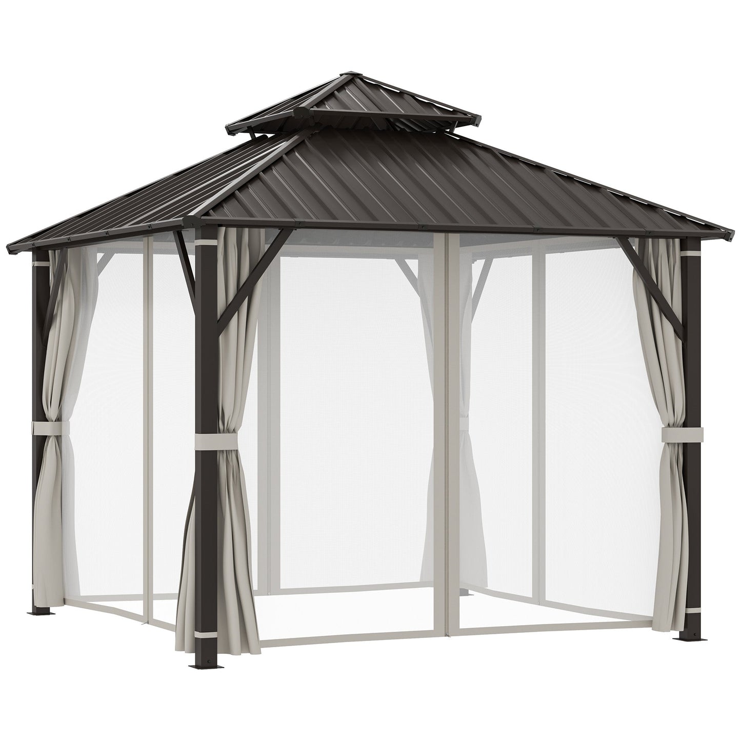 Outsunny 3 x 3(m) Hardtop Gazebo Canopy z podwójnym metalowym dachem, wodoodporny, stały pawilon ogrodowy z siatką i zasłonami, łatwy w montażu