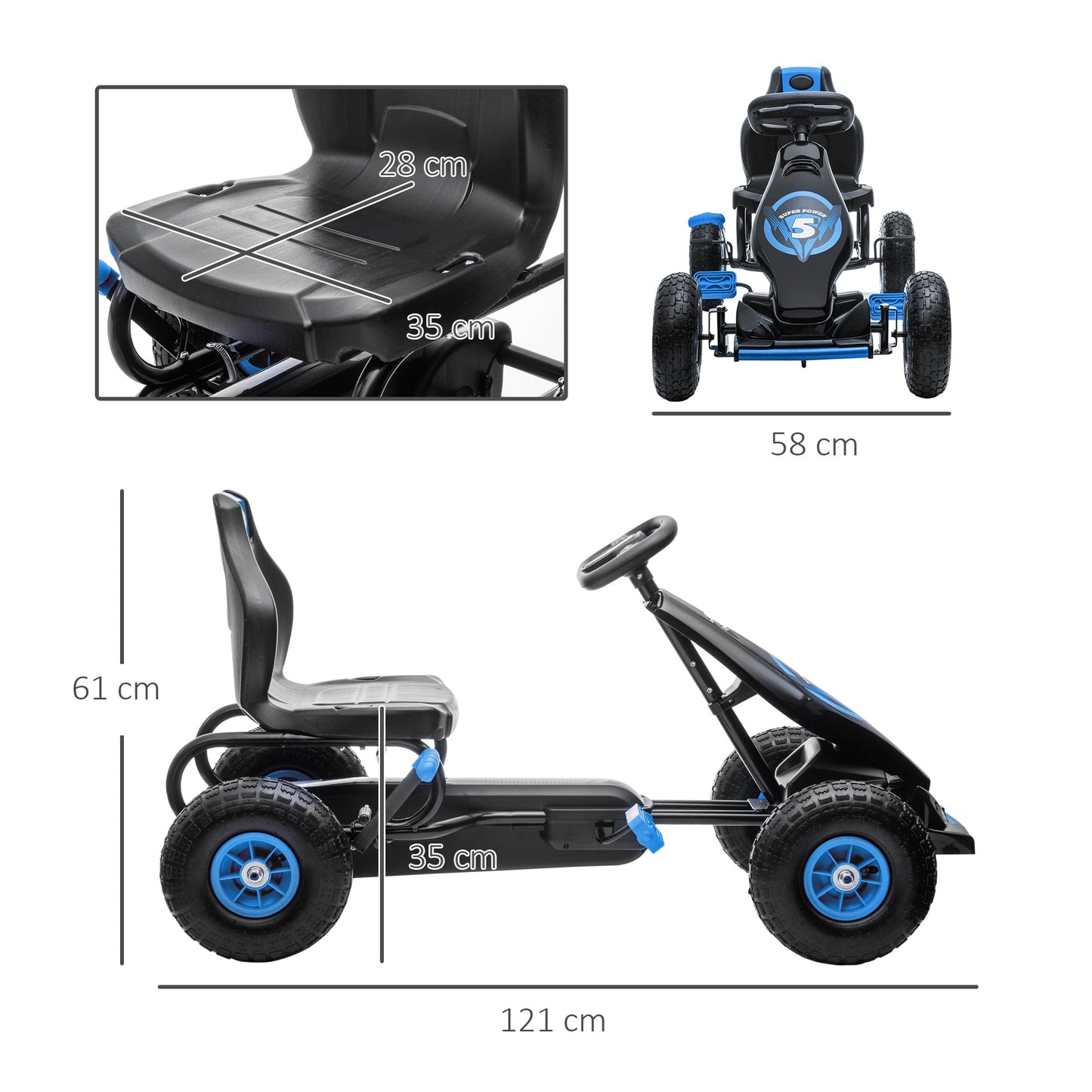 HOMCOM Dziecięcy Go Kart Na Pedały, z Regulowanym Siedzeniem, Nadmuchiwane Opony - Niebieski