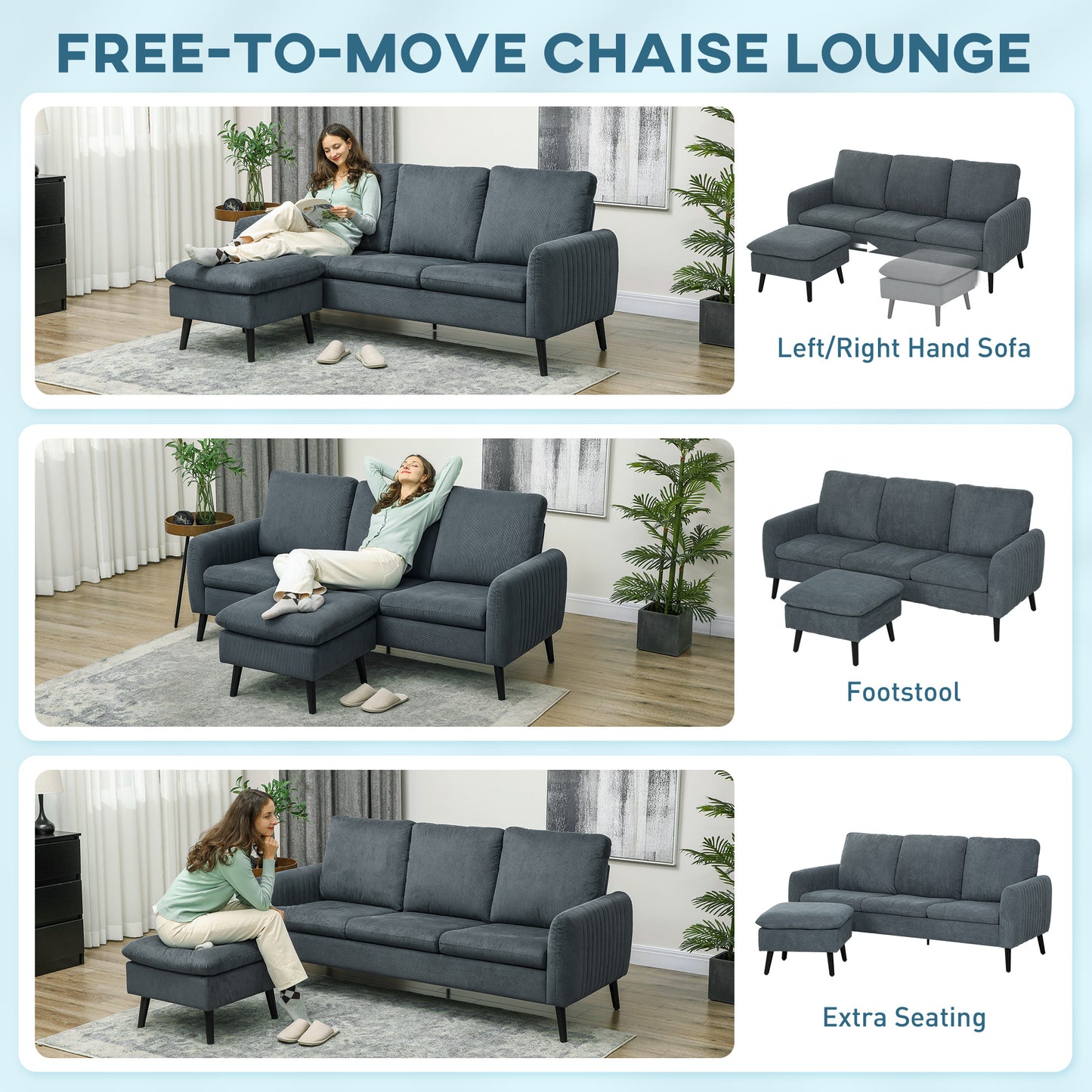 HOMCOM Fabric Sofa with Ottoman, Corduroy L-shaped Sofa Couch with Scatter Back, Reversible 3-Seater Chaise Lounge for Living Room, Home Office, Small Spaces, Charcoal Grey