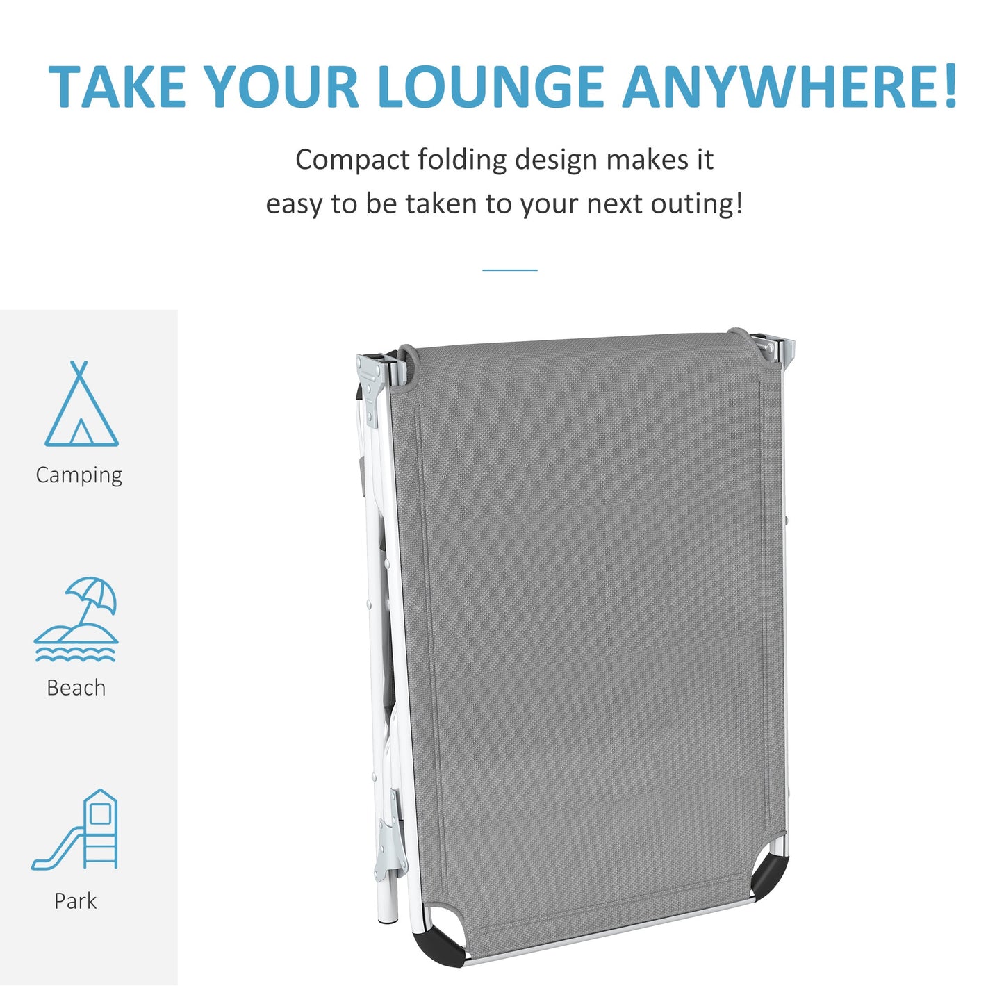 Outsunny Foldable Outdoor Sun Lounger Set of 2, Reclining Lounge Chair Camping Bed Cot with Pillow 4-Level Adjustable Back Aluminium Frame, Light Grey