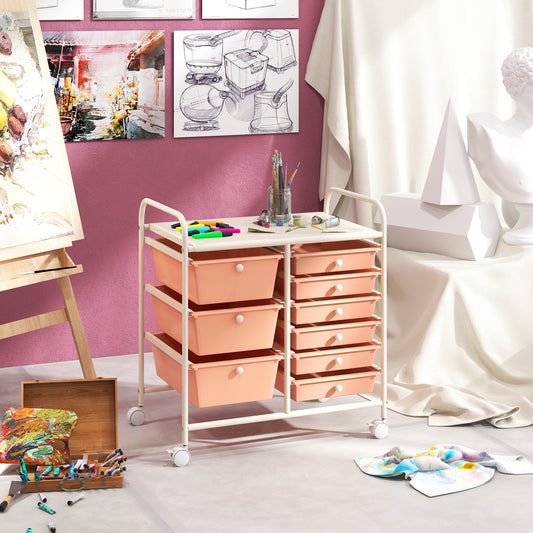 9-Drawer Rolling Storage Cart Tools Scrapbook Paper Organizer-Pink