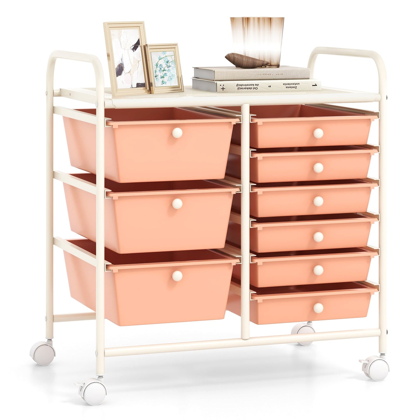 9-Drawer Rolling Storage Cart Tools Scrapbook Paper Organizer-Pink
