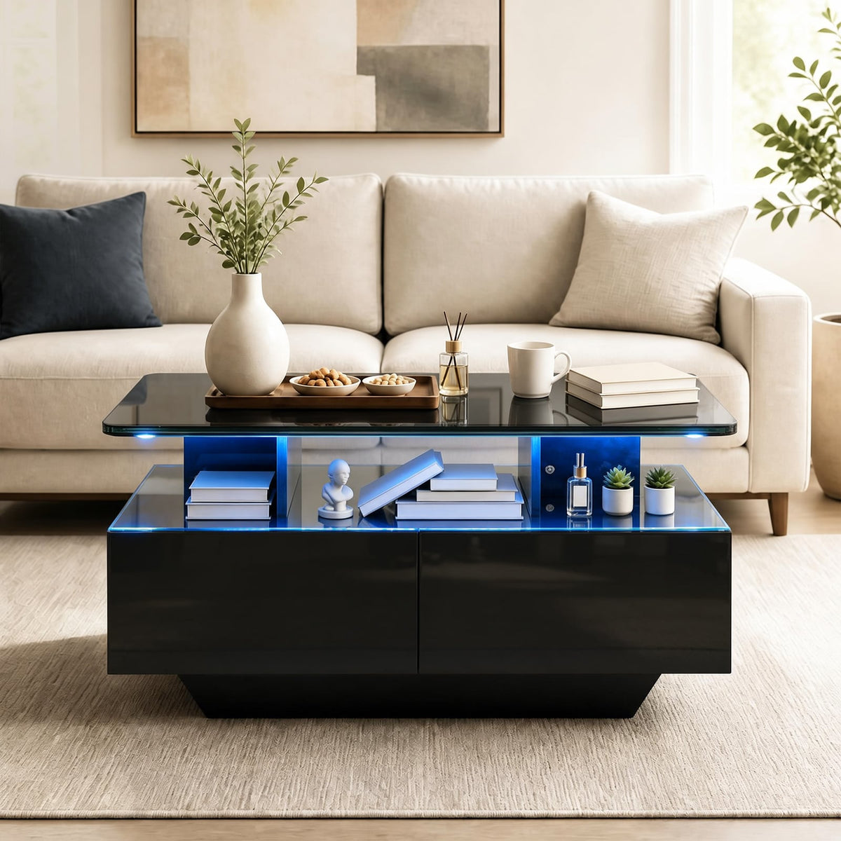 90 CM High LED Coffee Table with 2 Storage Drawers and 20-Color LED Lights-Black