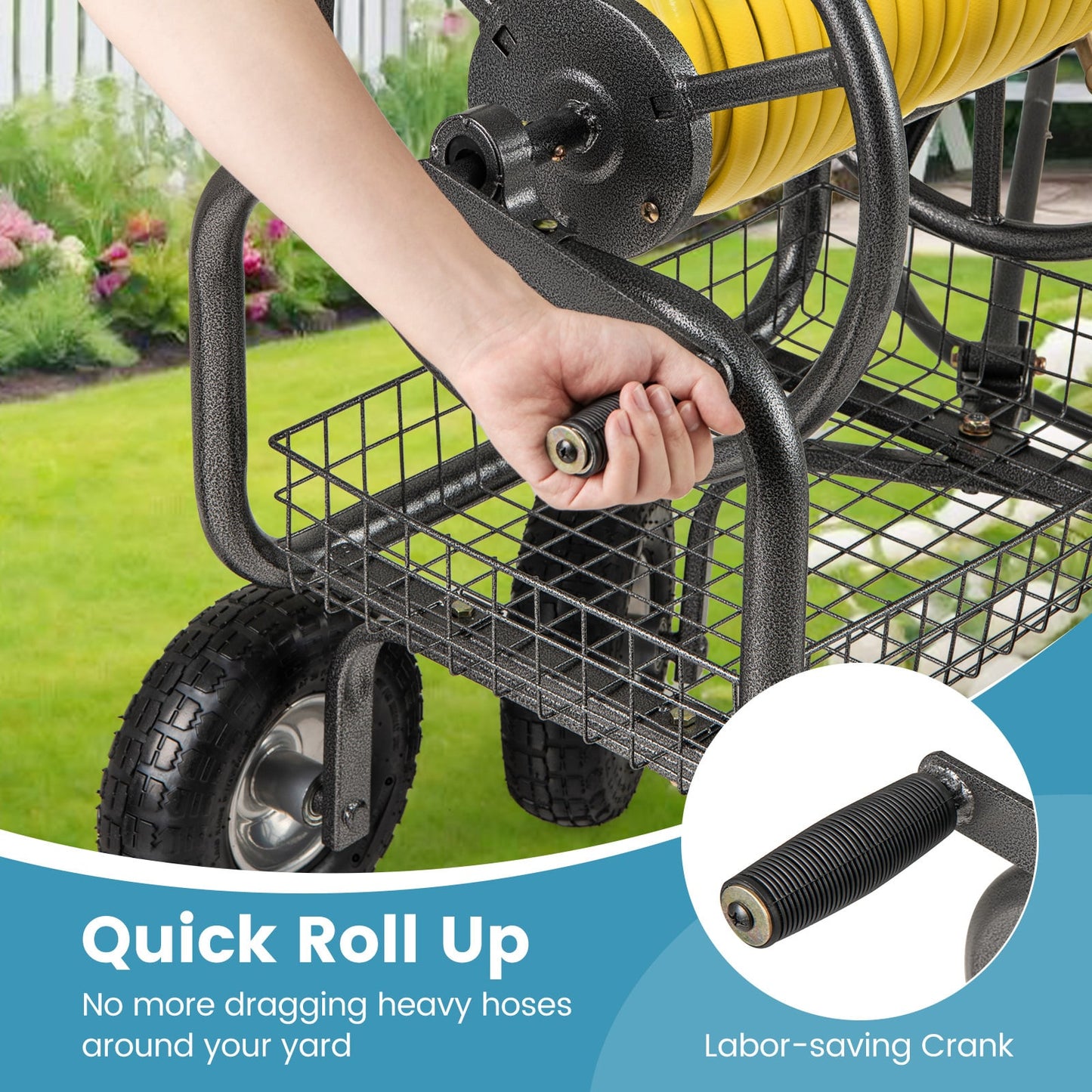 90 m of 16 mm Large Capacity Garden Hose Reel Cart-Grey