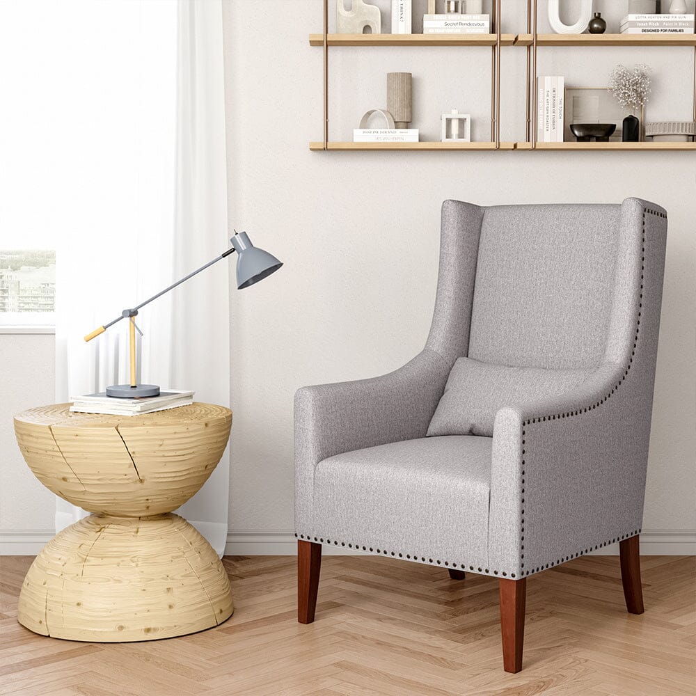 Grey Burlap High Back Studded Armchair with Cushion