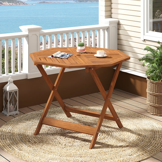 90CM Solid Wood Patio Dining Table with 5cm Umbrella Hole and Slatted Tabletop