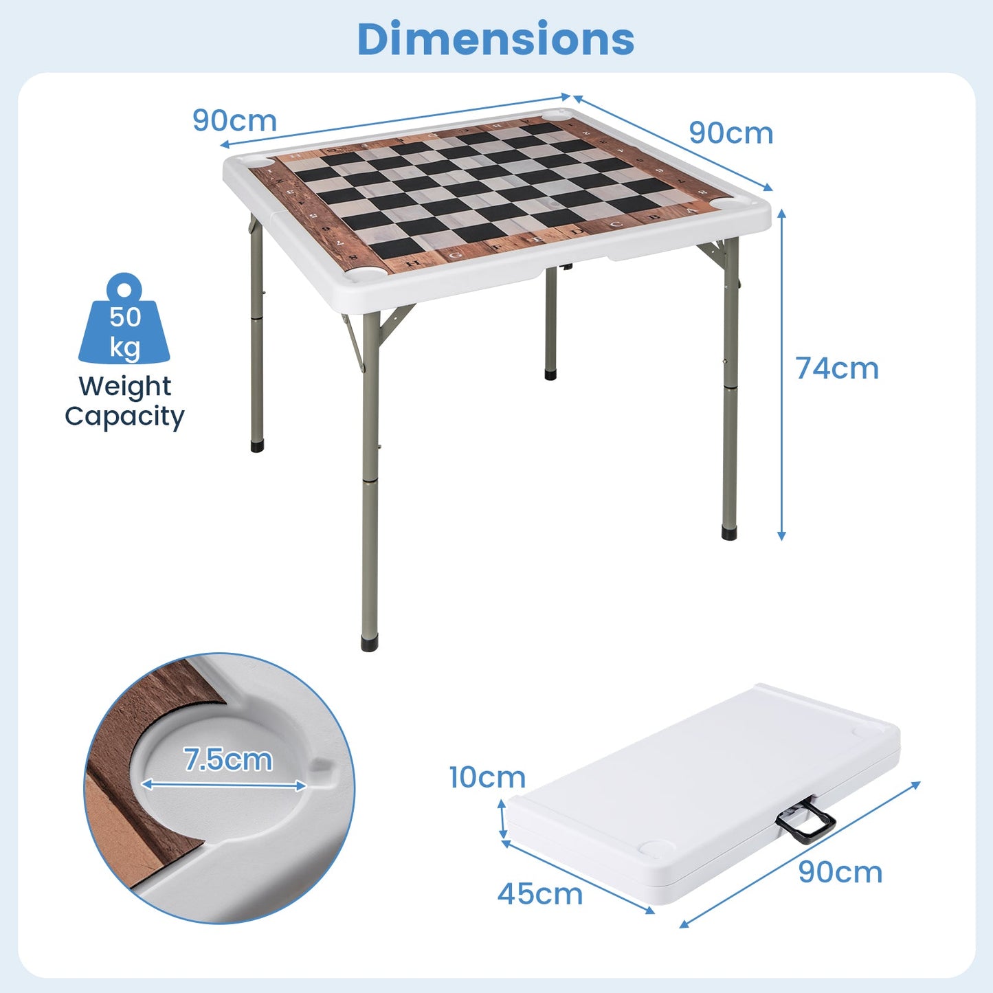 90 CM Folding Chess Table with Removable Table Mat