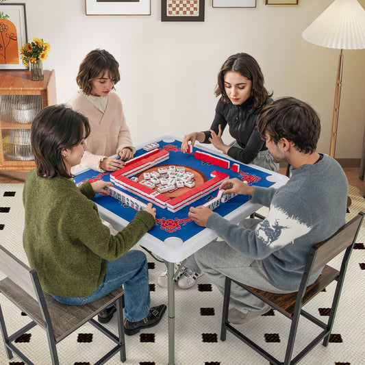 Folding Mahjong Table with Cup Holders and Removable Game Mat-Blue