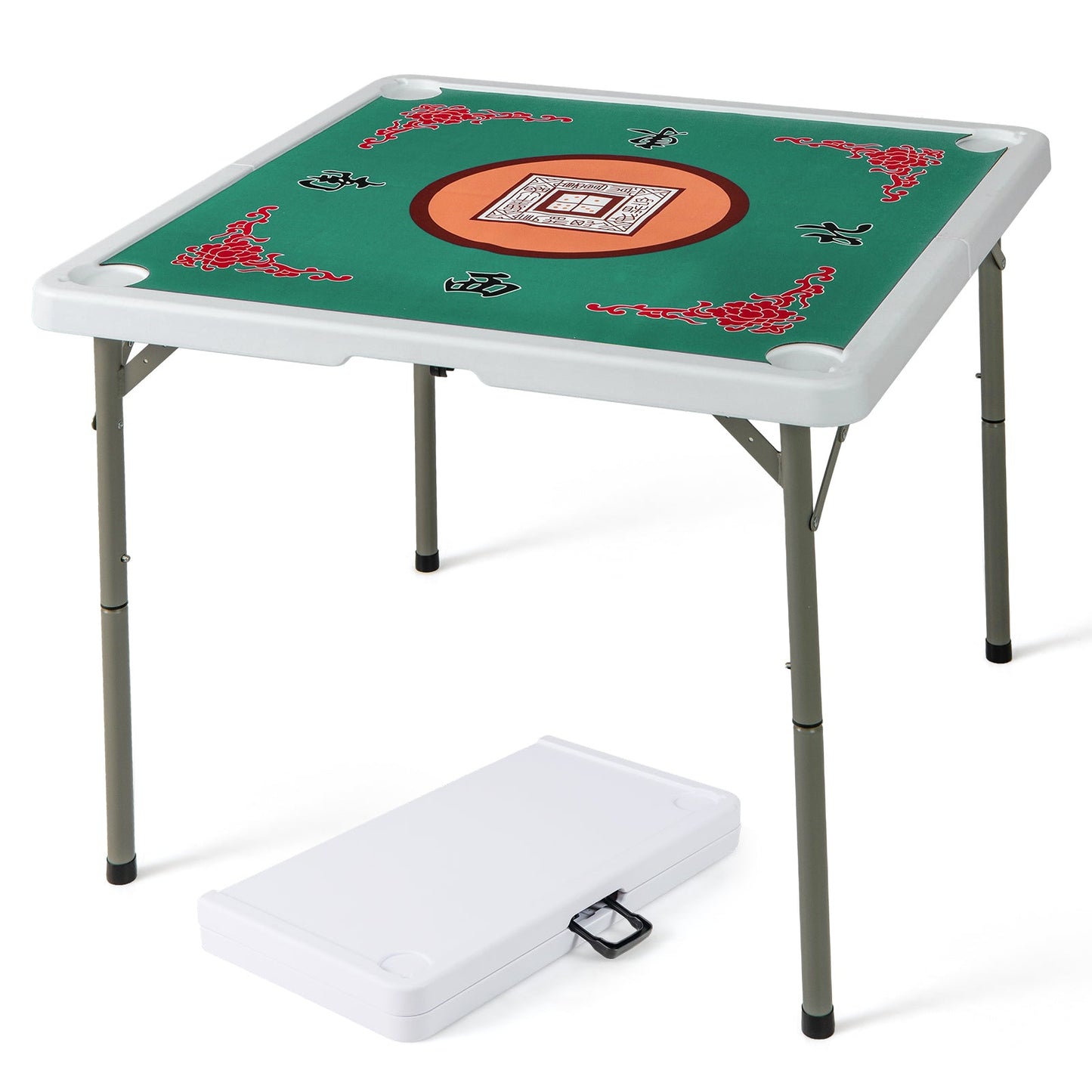 Folding Mahjong Table with Cup Holders and Removable Game Mat-Green & Red