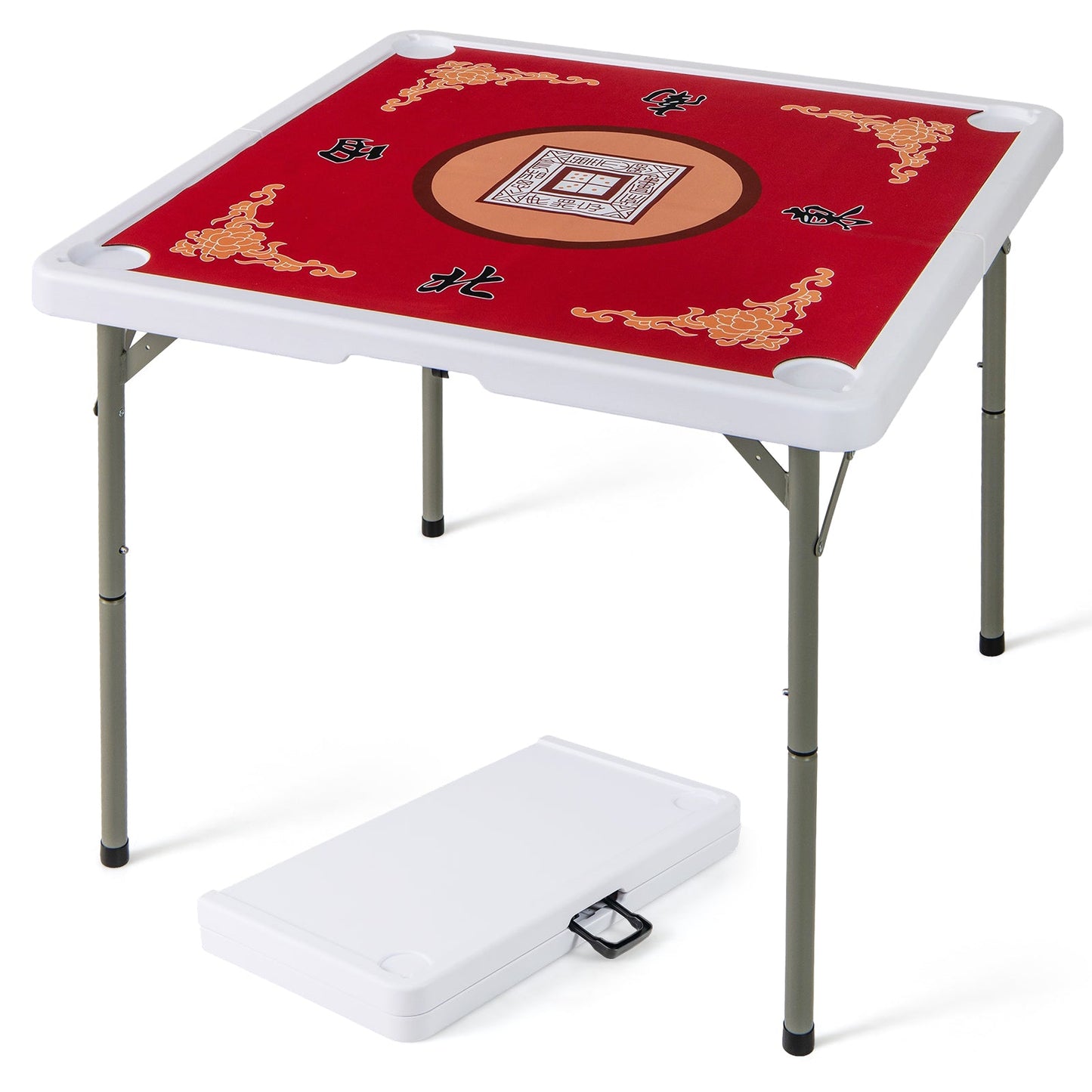 Folding Mahjong Table with Cup Holders and Removable Game Mat-Red