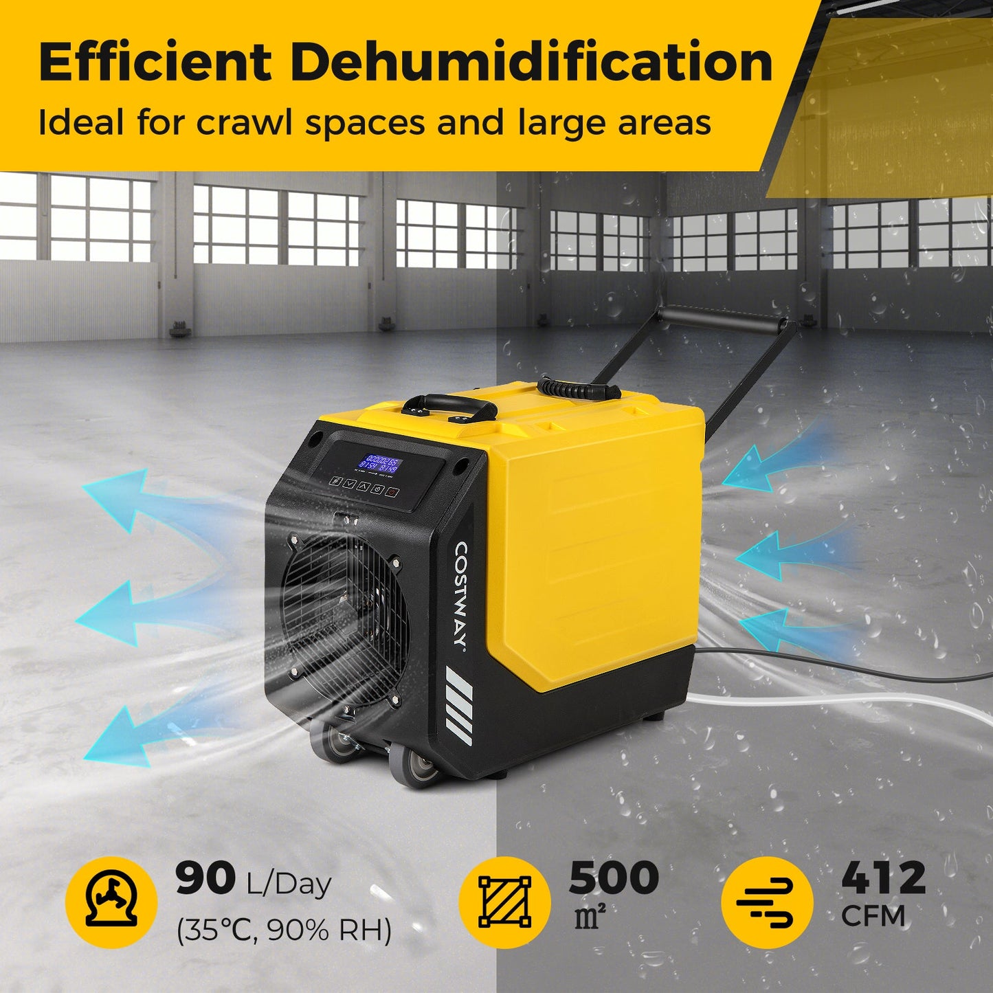 90L/Day Commercial Dehumidifier with Pump and 2 Wheels-Yellow